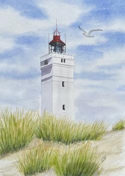 Aquarell DIN A5 Bild Aquarelldruck  Dänemark Leuchtturm Lyngvig Fyr in den Dünen